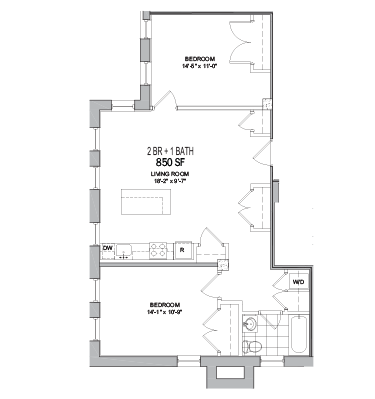 A floor plan of a two bedroom apartment with a living room and a bathroom.